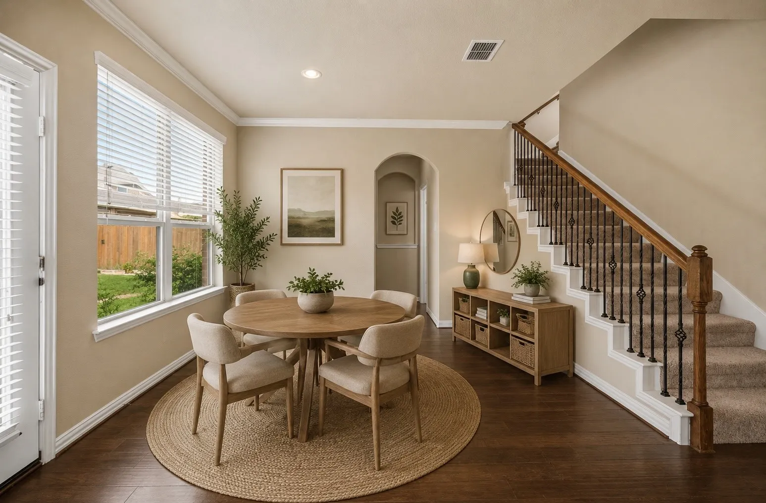 Dining area featuring rich wood-finish flooring, abundant natural light from multiple windows, an arched doorway, and crown molding