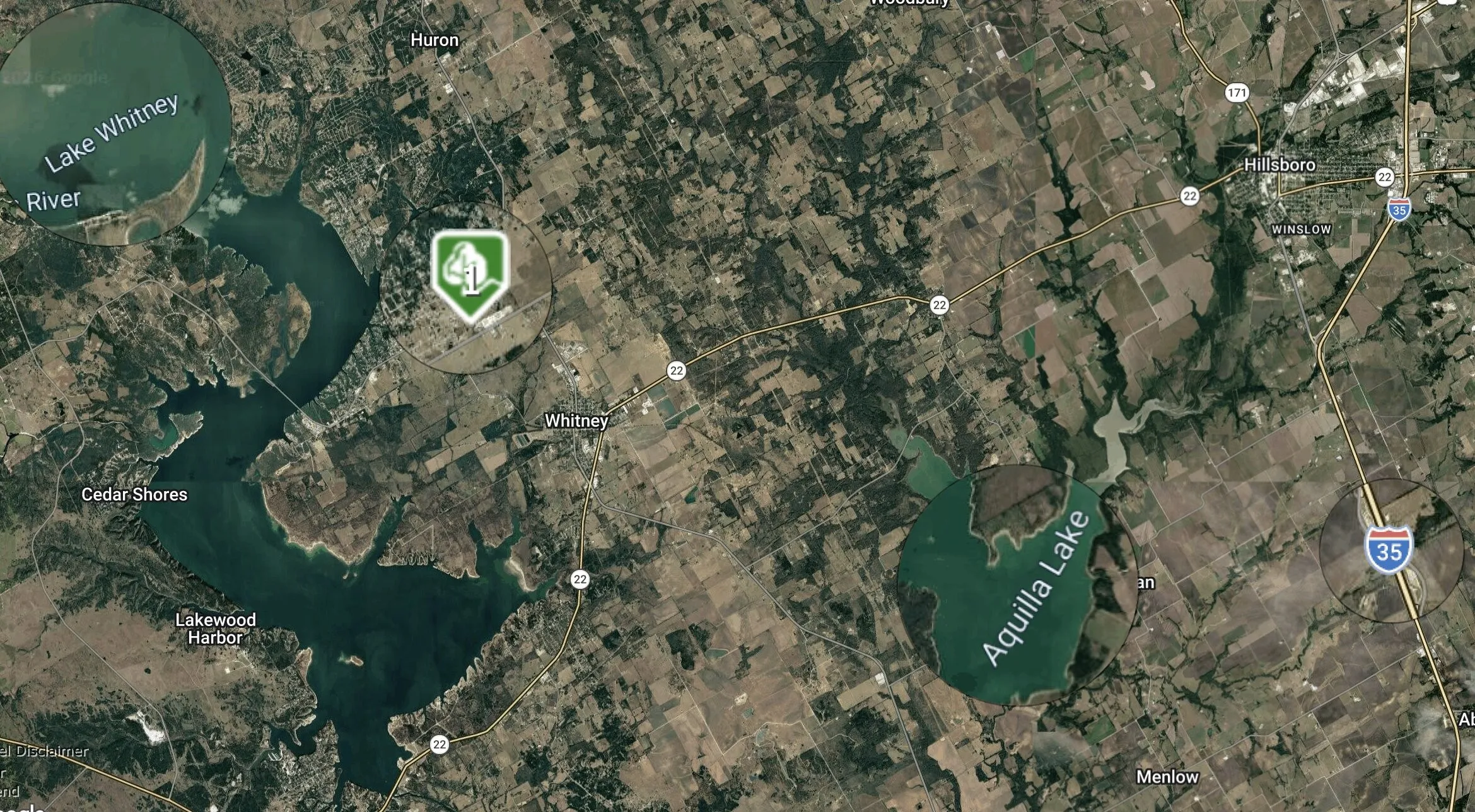 Satellite Map. Illustrating the geographic location of the property in relation to Lake Whitney, Aquilla Lake, and surrounding roadways