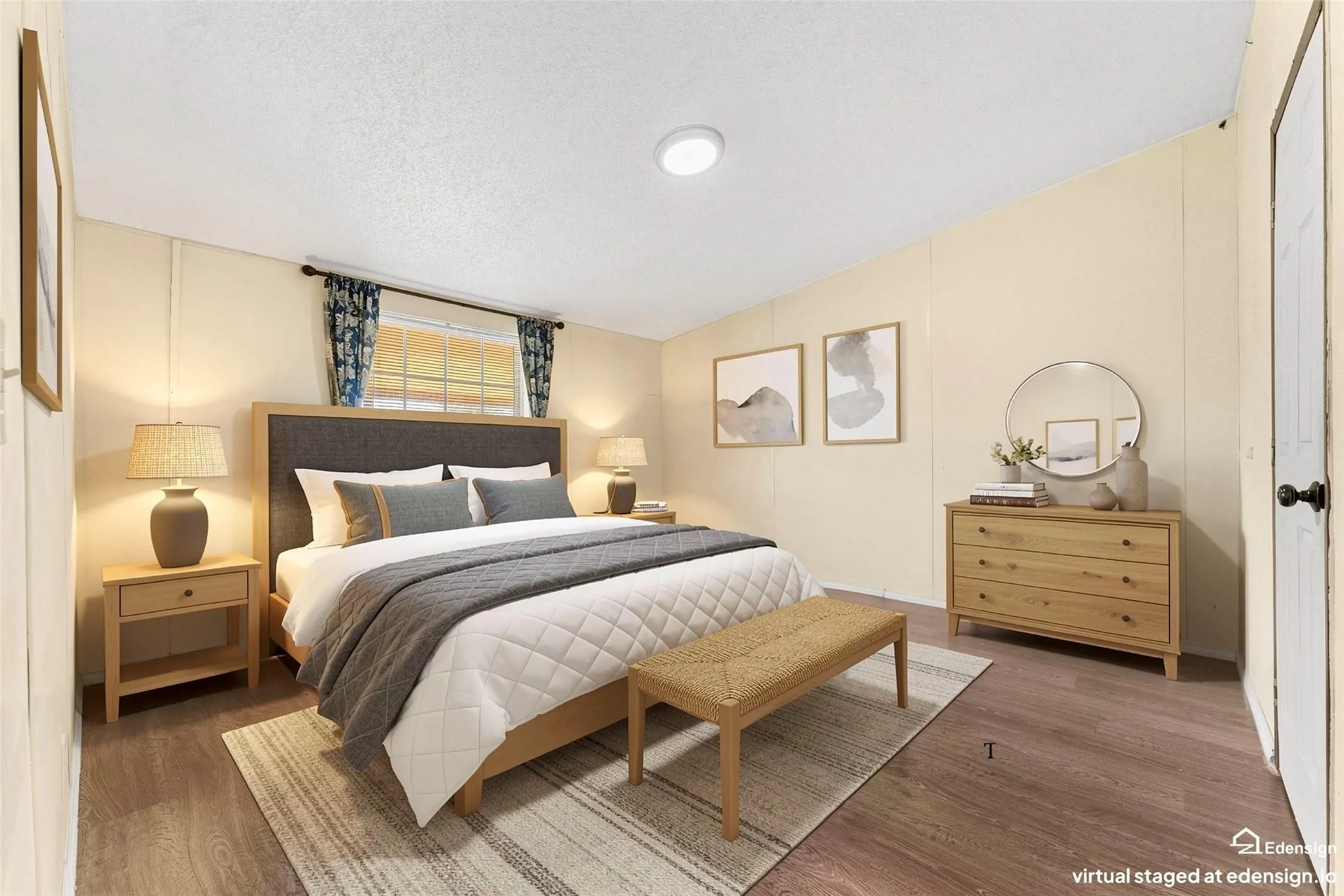 Wood-finish flooring with a ceiling-mounted light fixture, and a window with curtain rods