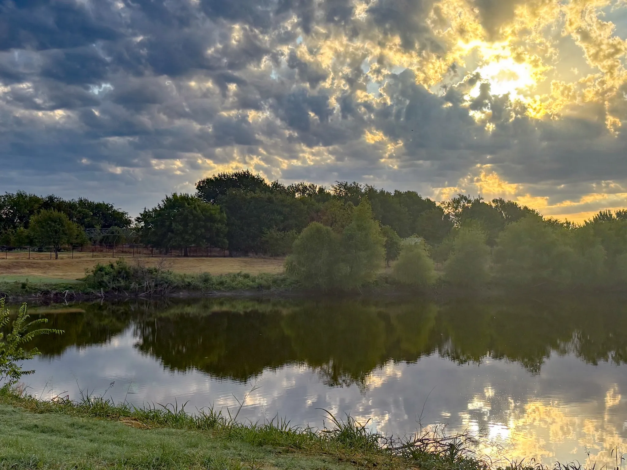 Expansive property featuring a large pond with natural banks, mature trees along the shoreline, and varied terrain