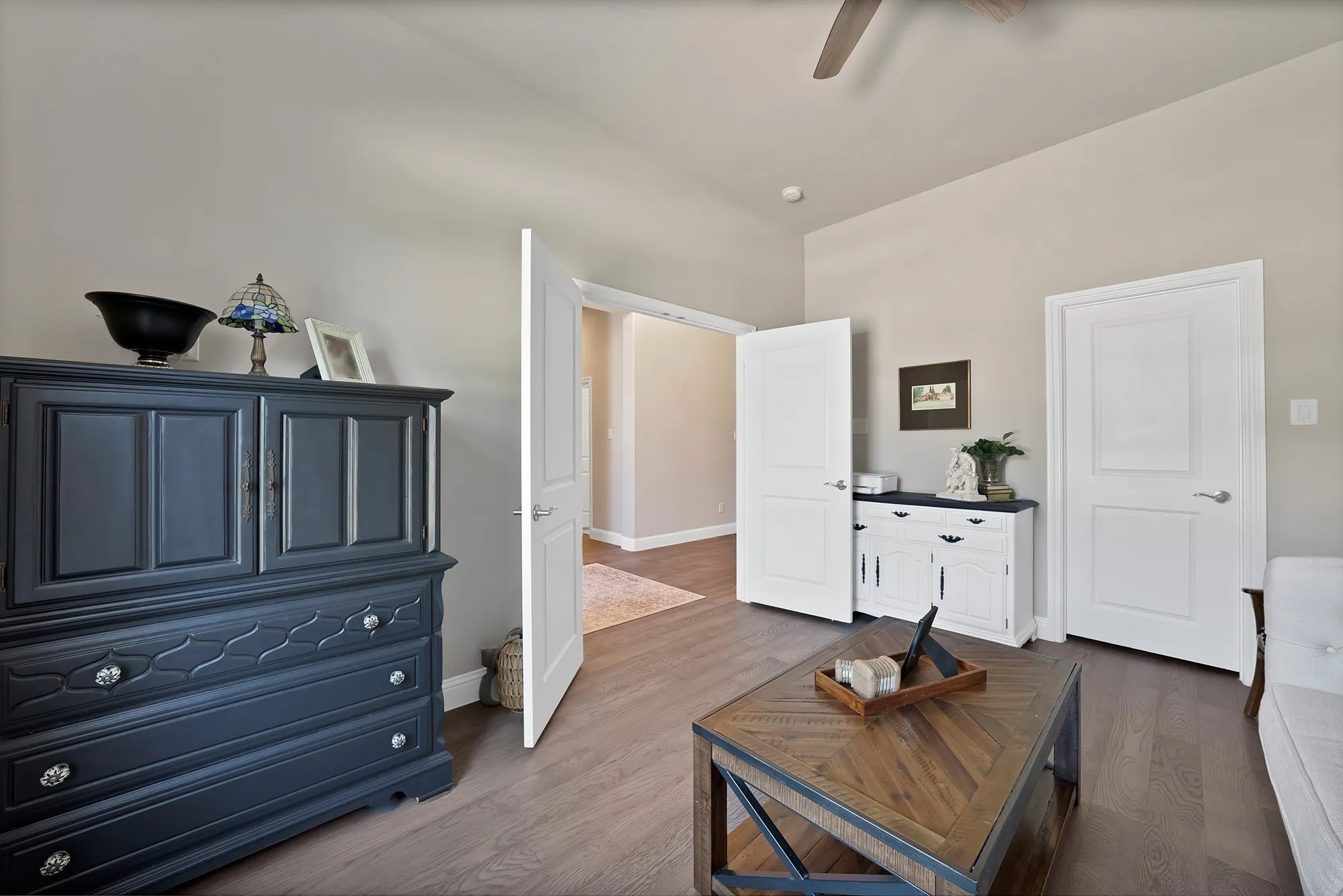 This room features light-toned walls, hardwood style flooring, and white interior doors