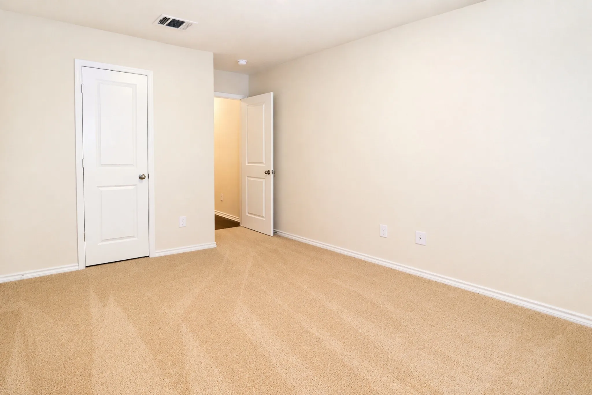 Carpeted interior space featuring light-toned walls, white trim, and two white paneled doors