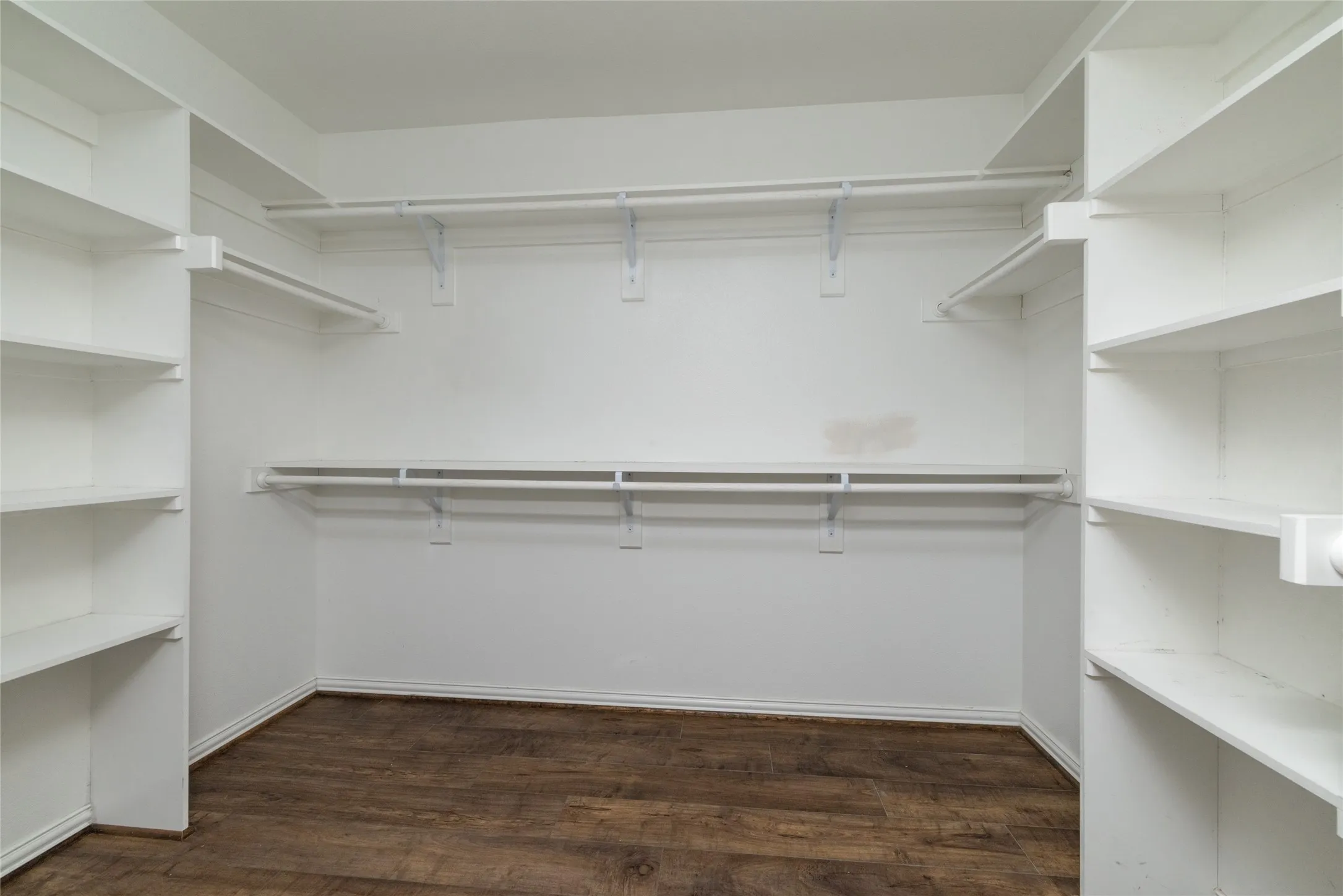 Spacious walk-in closet featuring wood-finish flooring, white walls, extensive built-in shelving, and multiple hanging rods