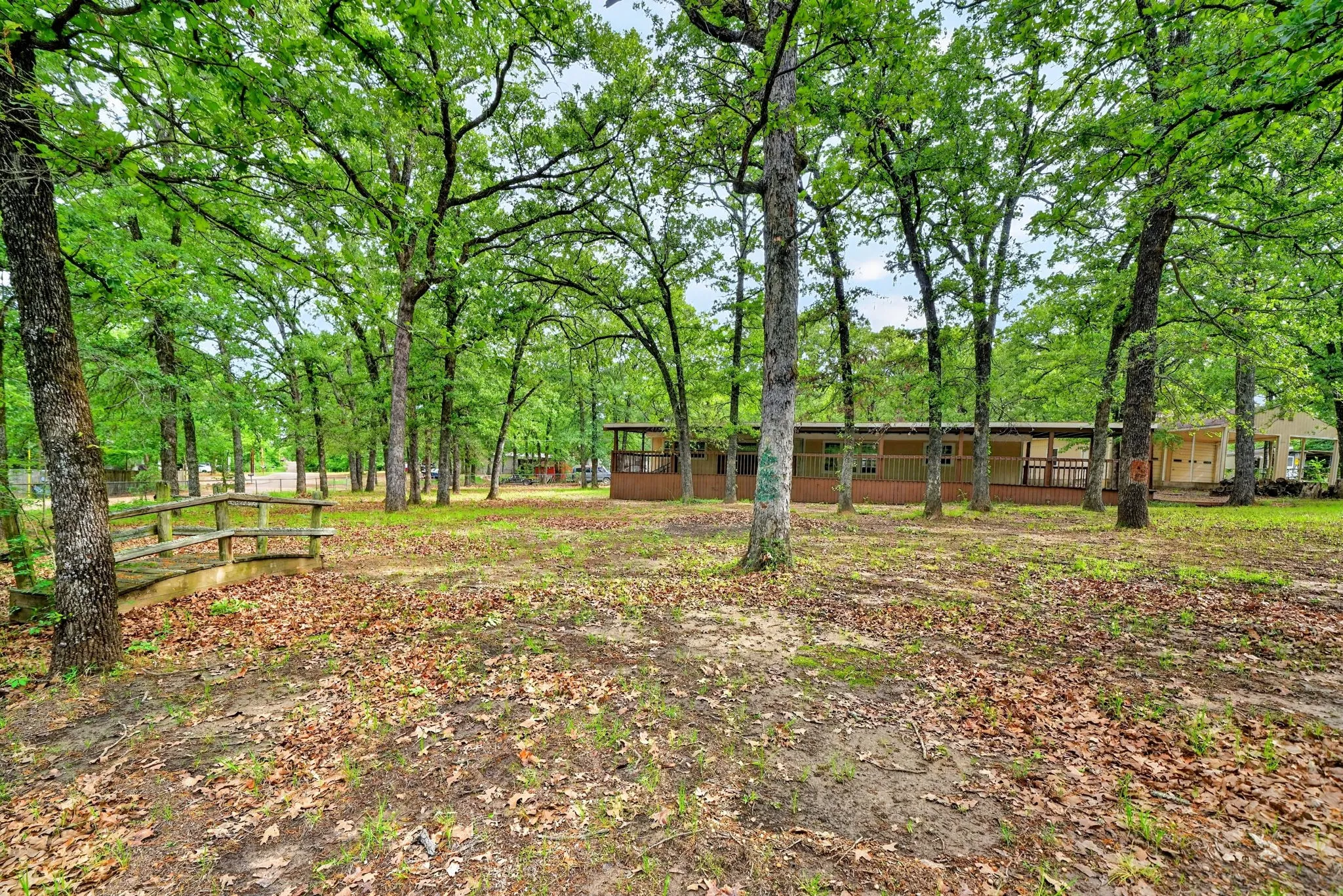 Expansive wooded lot featuring mature trees and a rustic wood bridge