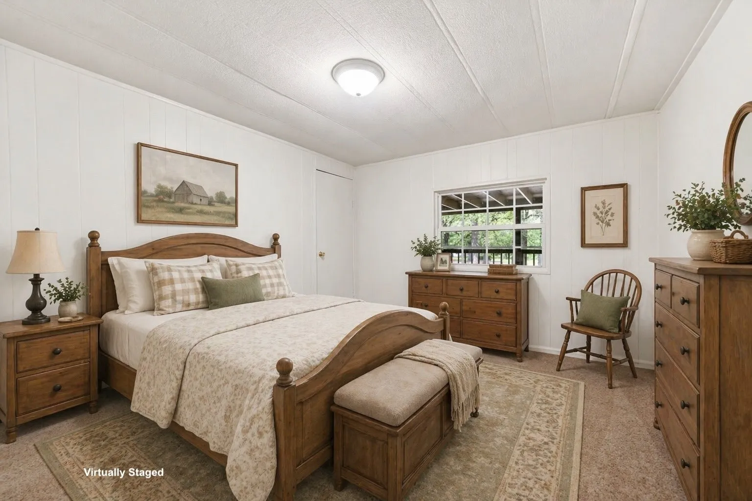 Bedroom featuring white paneled walls, carpet flooring, and a single window with exterior visibility