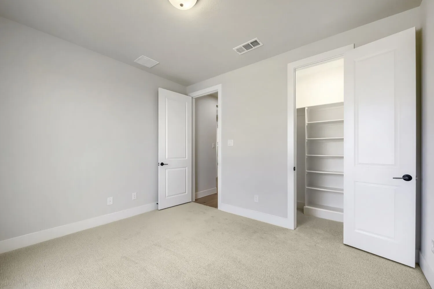 Carpeted room with light neutral wall paint, white trim, and a ceiling light fixture