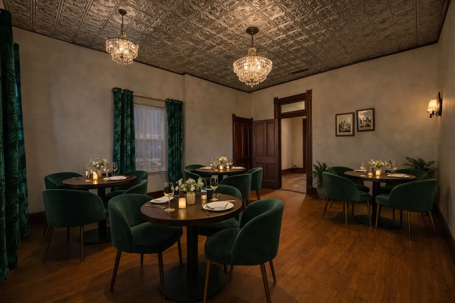 Room featuring a tin-pressed ceiling, hardwood flooring, two crystal chandeliers, and a detailed wood doorway with transom