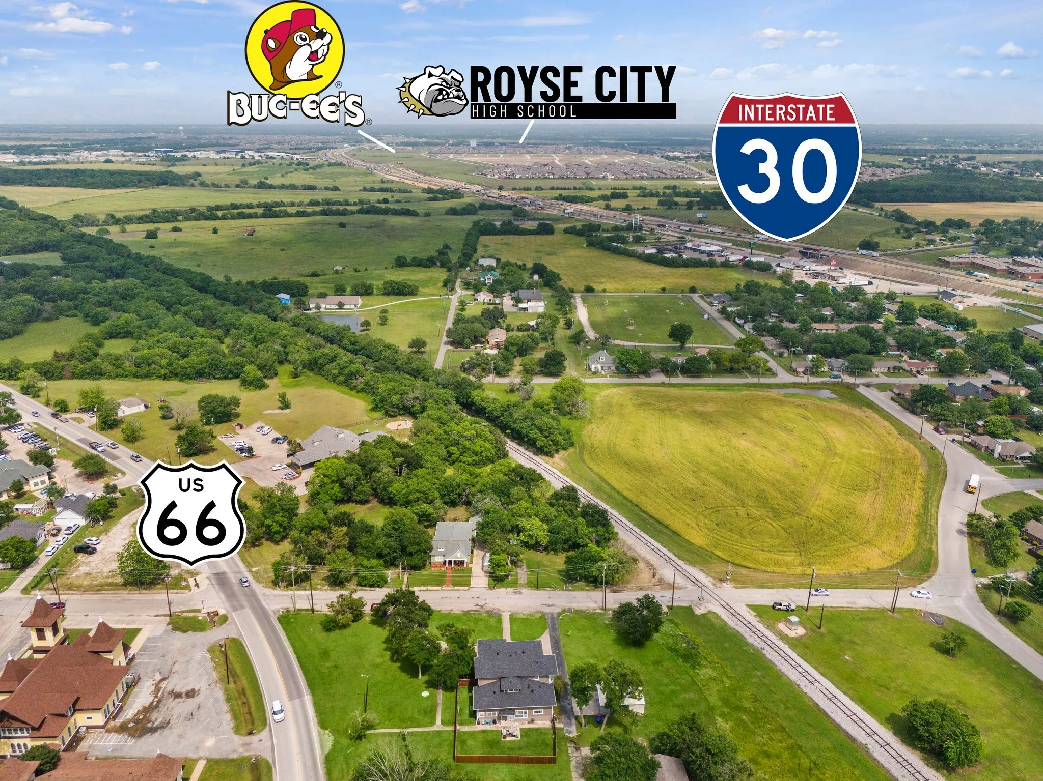 Aerial perspective showcasing US-66 and Interstate 30