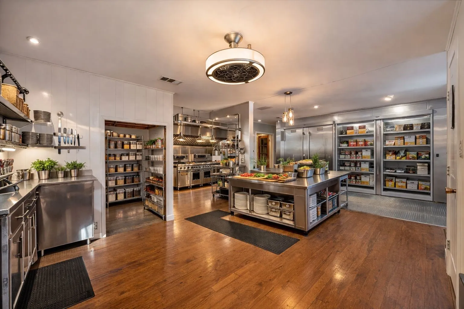 Expansive kitchen featuring stainless steel appliances, a large center island, extensive shelving, wood-finish flooring, and a walk-in pantry
