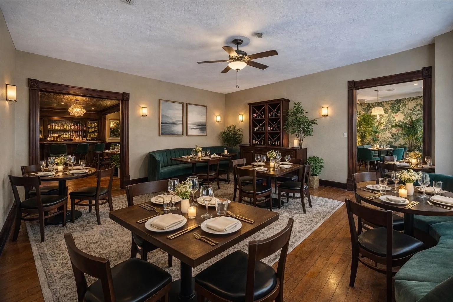 Spacious dining area featuring wood-finish flooring and a central area rug