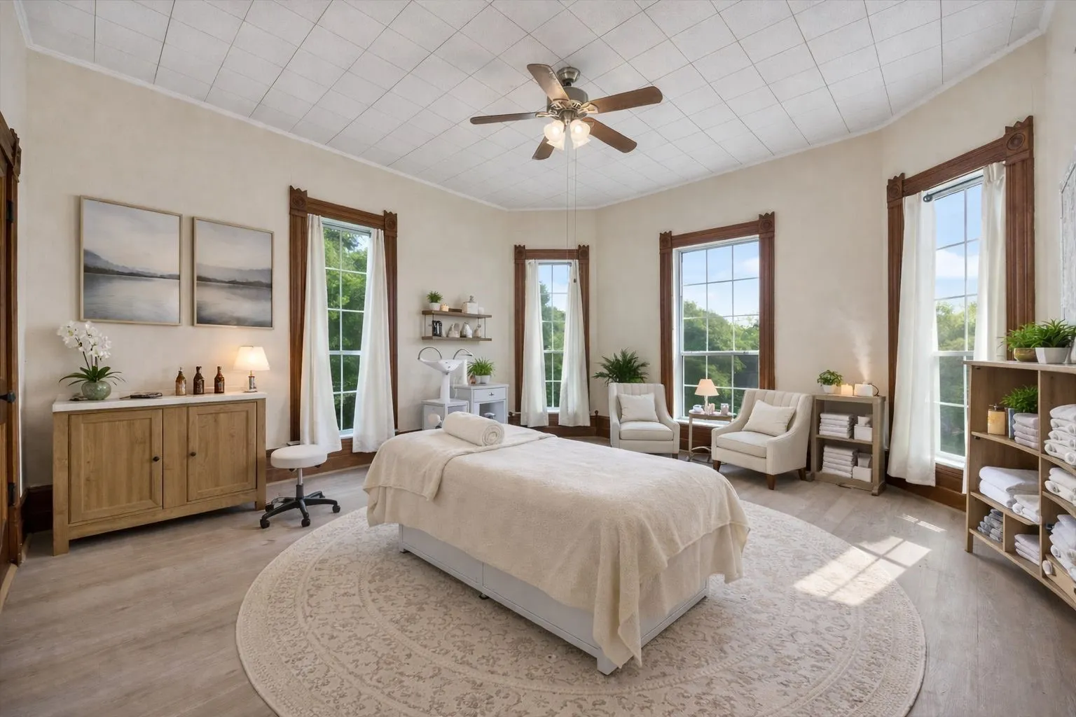Spacious room featuring multiple large windows with intricate wood trim, light wood-finish flooring, and a white grid ceiling