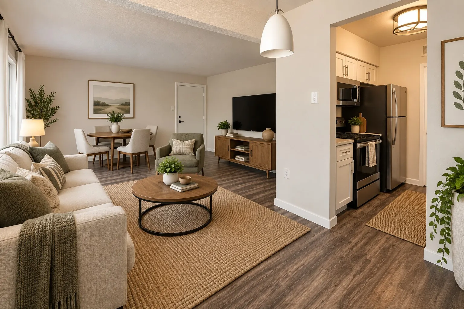 Open-concept living space featuring wood-finish flooring, recessed lighting, white perimeter walls, and a kitchen with stainless steel appliances and light-toned cabinetry