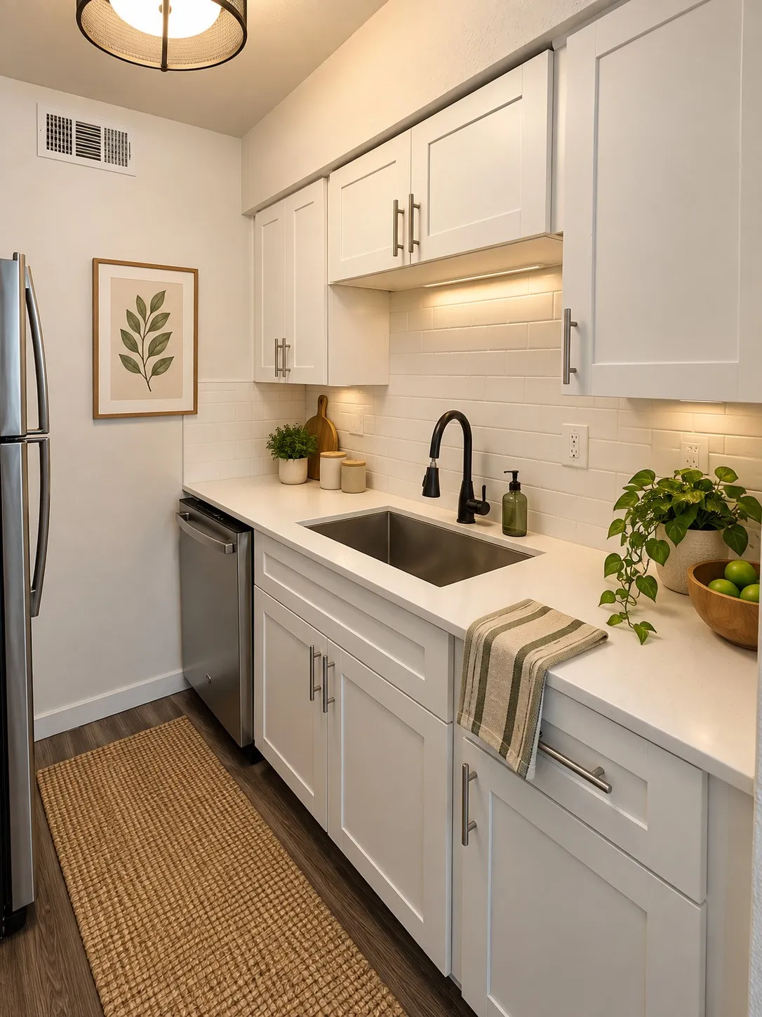 White cabinetry, stainless steel sink, black gooseneck faucet, white subway tile backsplash, and wood-finish flooring