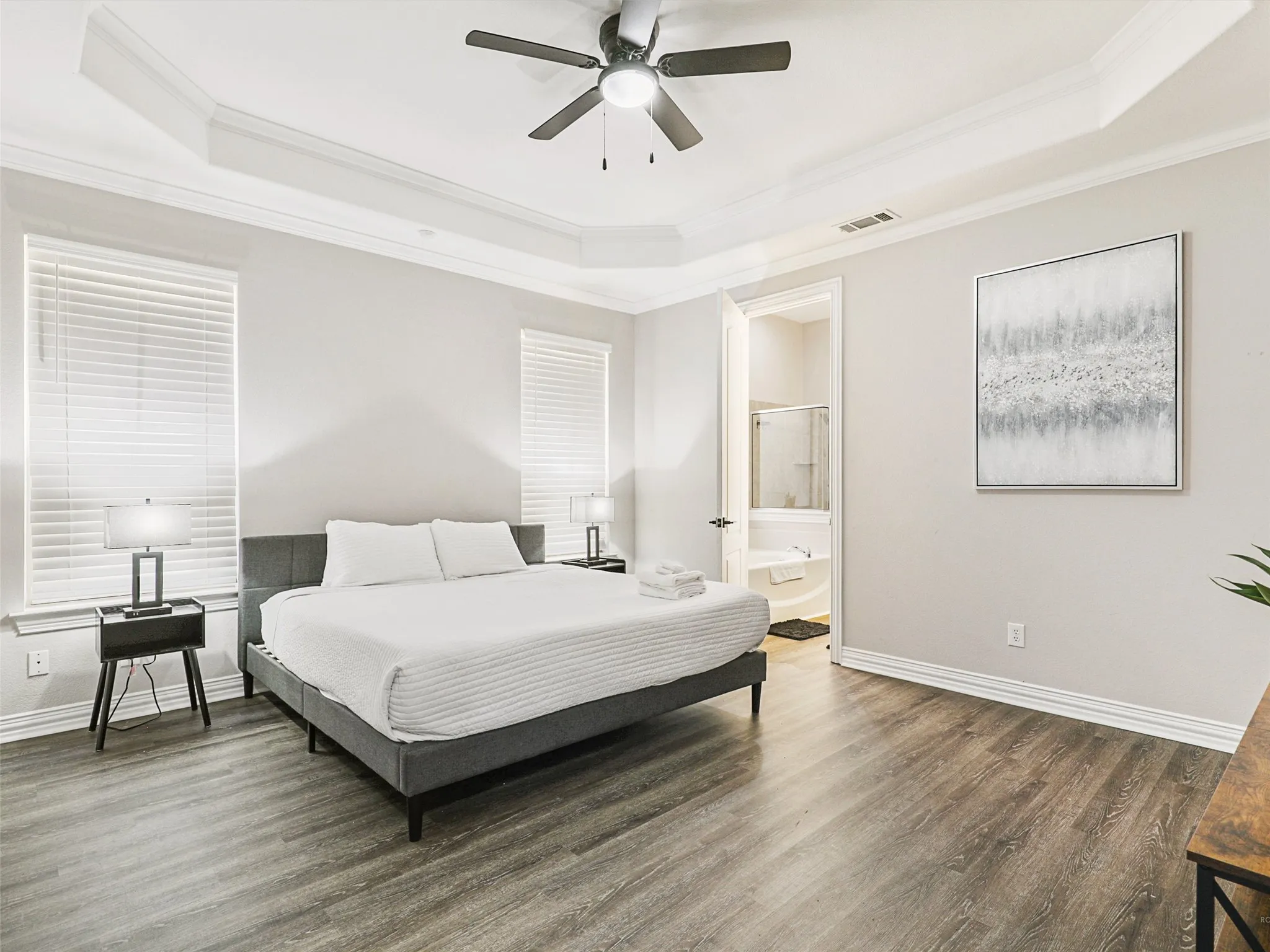 Spacious room featuring wood-finish flooring, two large windows with blinds, and a tray ceiling with a ceiling fan