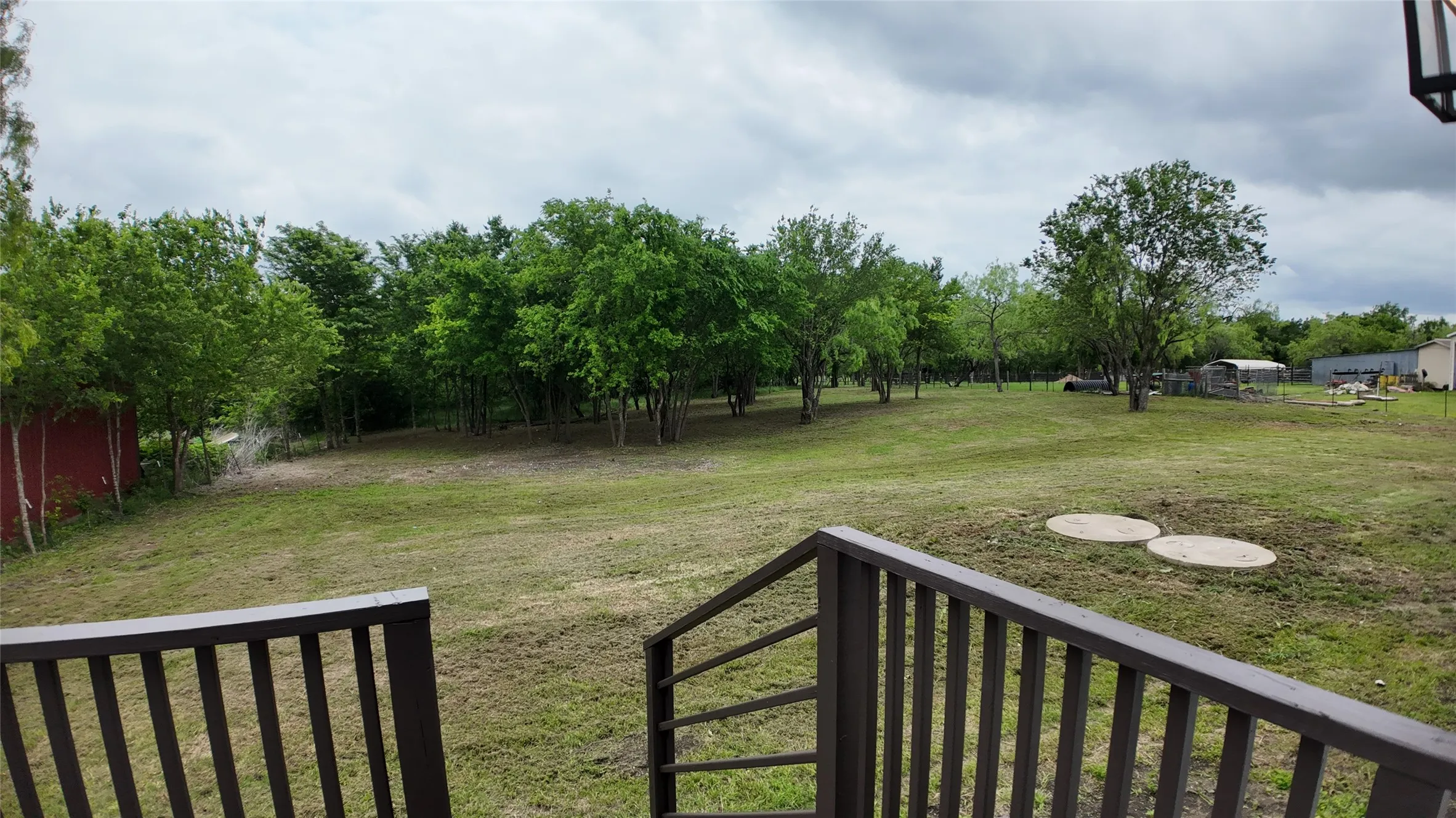 Expansive grassy area with numerous mature trees, bordered by a dense line of foliage