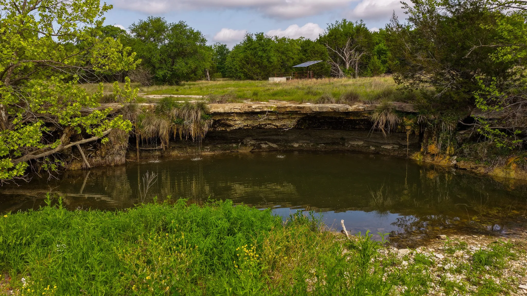 Natural water feature with rock formations and lush vegetation