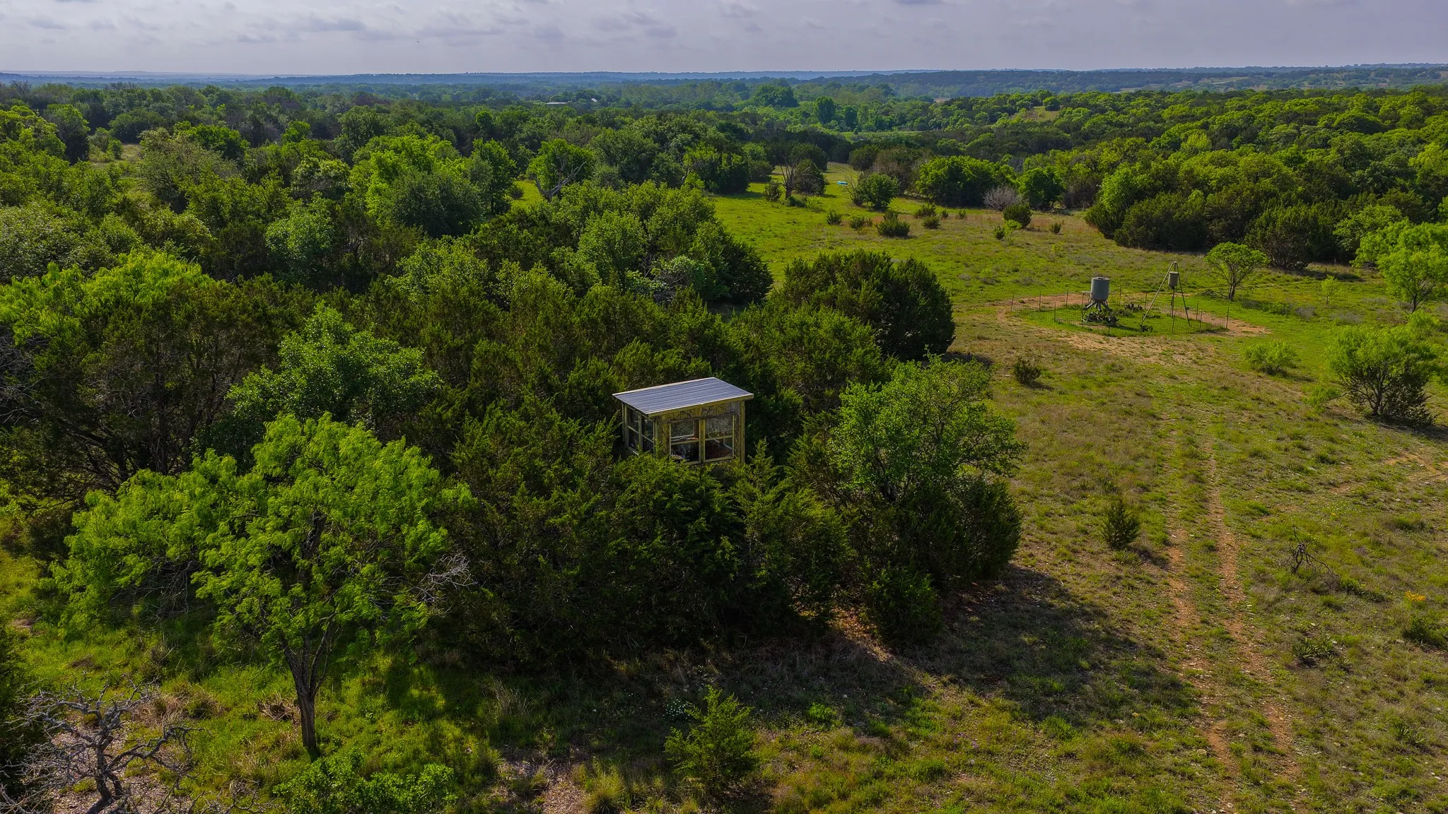 Expansive wooded landscape featuring a raised structure with a dark-pitched roof, surrounded by mature trees and open fields