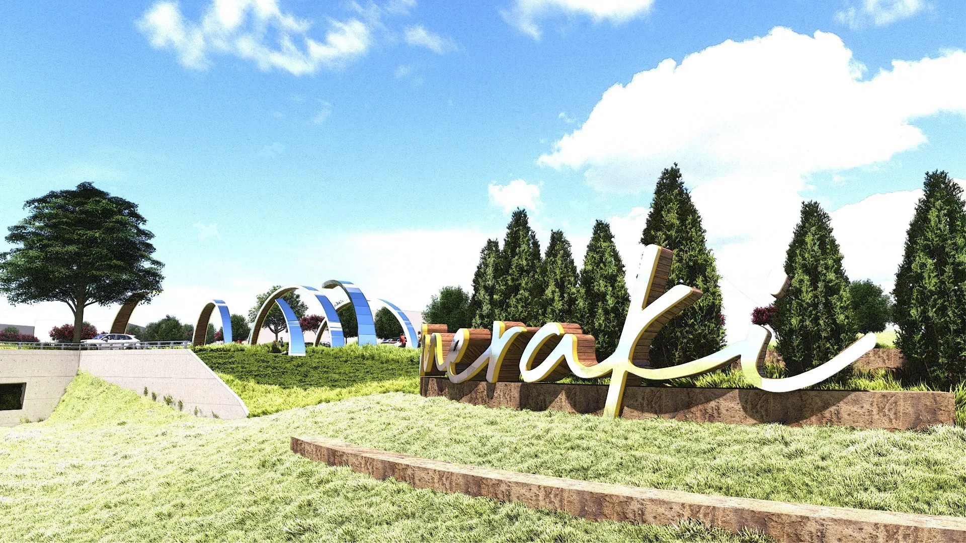 Sculptural property signage with a stylized name