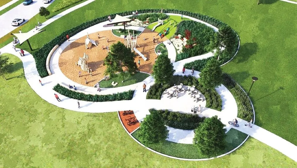 Expansive park-like setting featuring a playground area with shade canopies, a dedicated seating area, a bike rack, and paved walking paths