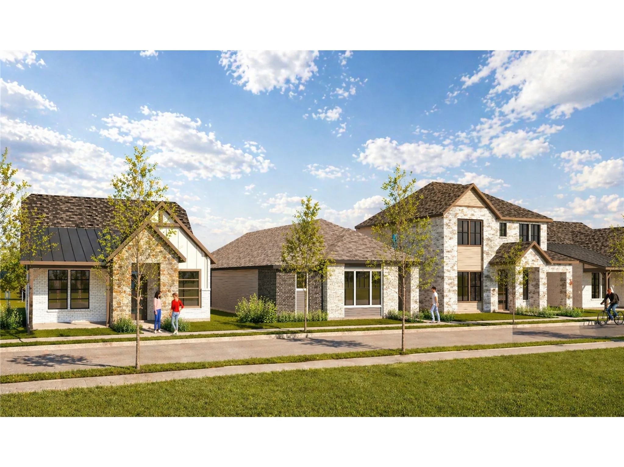 New construction homes featuring varied architectural styles, stone and brick facades, gabled roofs, and well-maintained front lawns