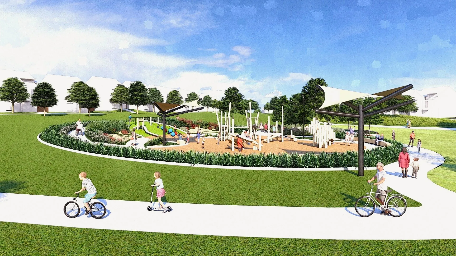 Community park featuring a structured play area with various equipment, multiple shade structures, extensive green spaces, mature trees, and a paved walking path