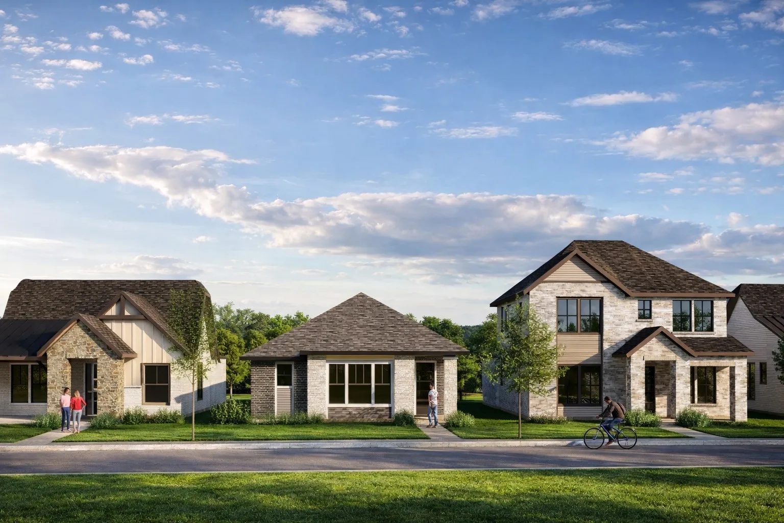 Row of three distinct residential properties featuring stone and siding exteriors