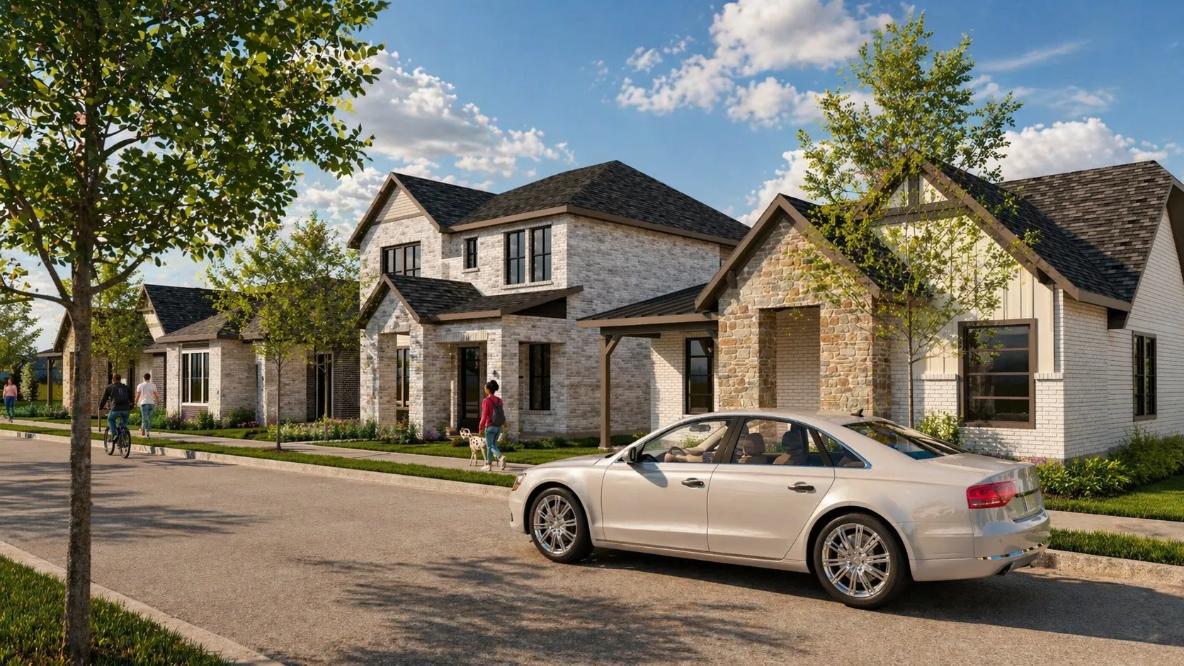 Contemporary residential street featuring homes with brick and stone facades, gabled roofs, dark trim, and mature landscaping
