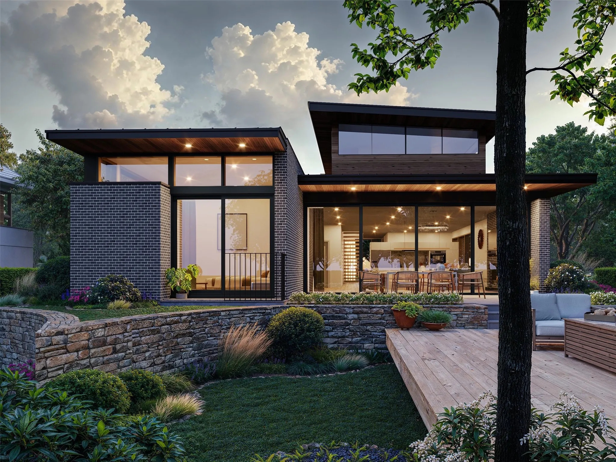 Modern exterior with dark brick and horizontal wood paneling