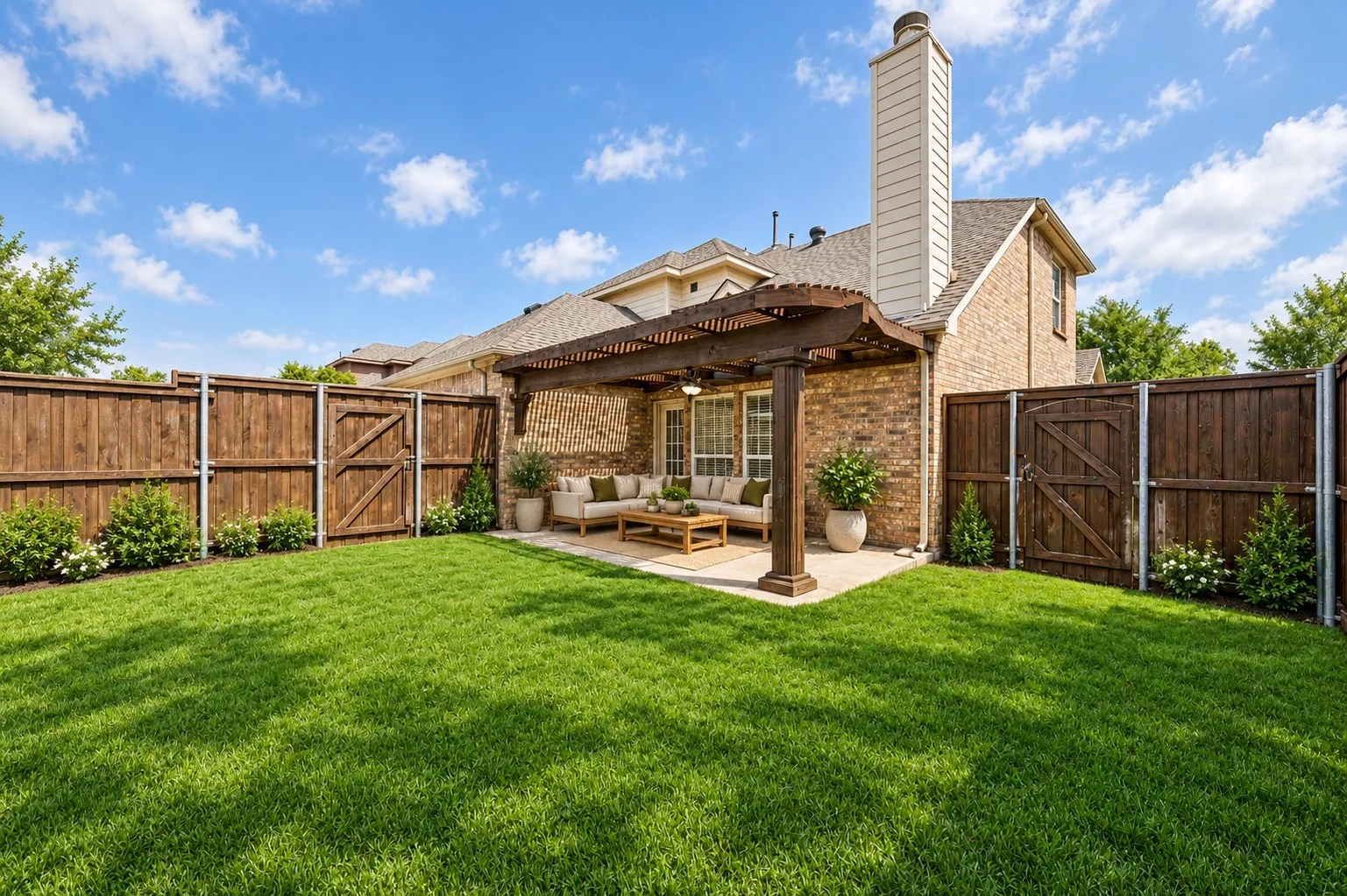 Expansive green lawn with mature landscaping, a wood privacy fence with two gates, and a brick exterior; virtually staged
