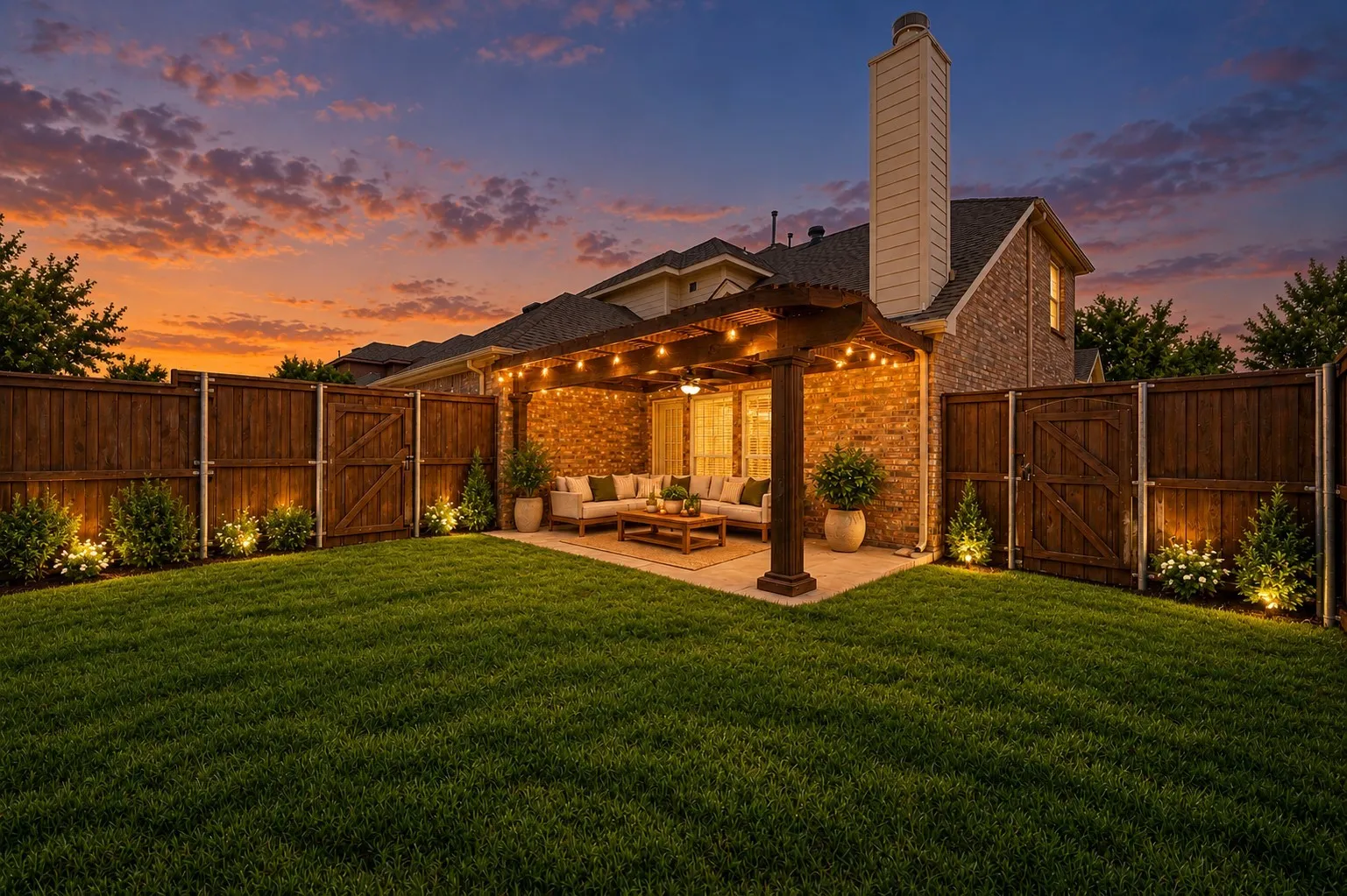 Expansive green lawn with a wooden privacy fence; virtually staged