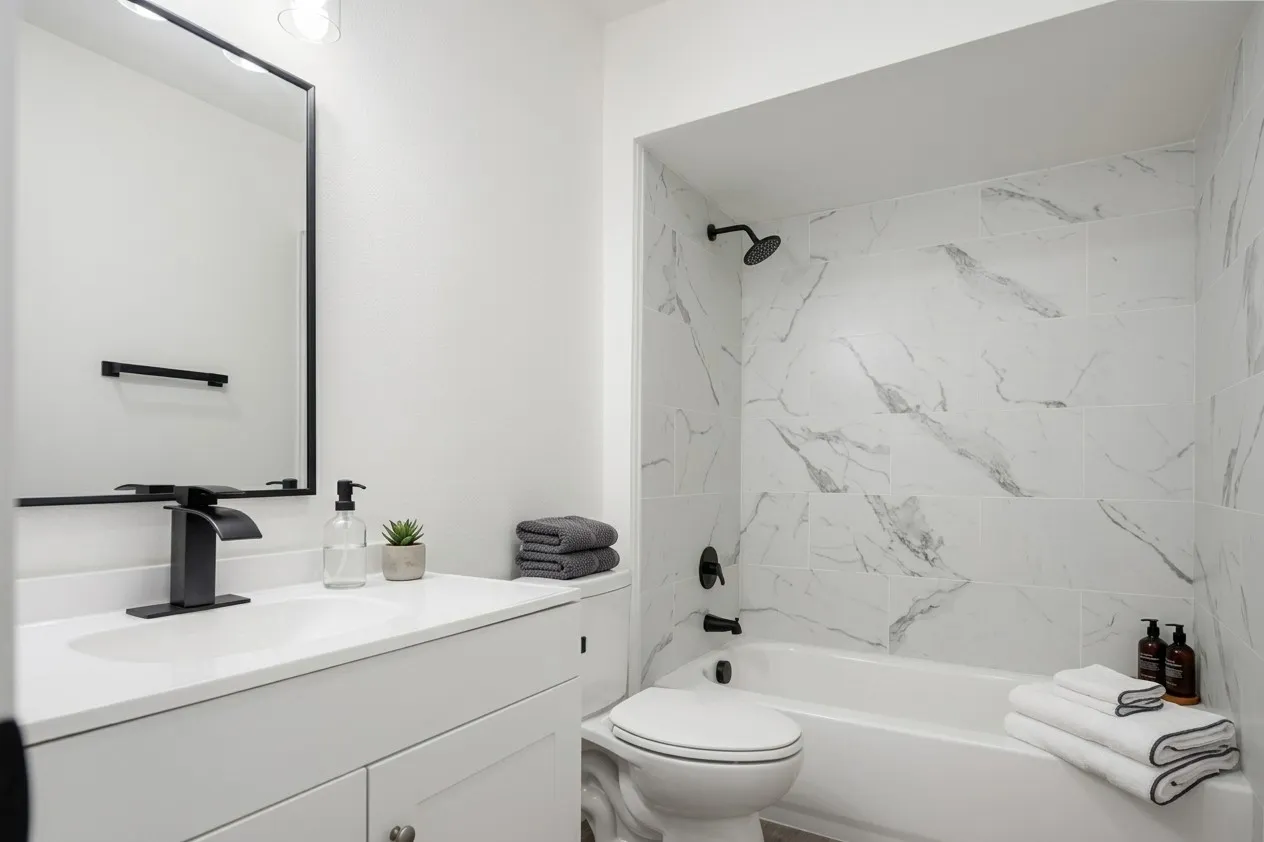 White single vanity with a solid surface countertop, matte black faucet, and rectangular mirror