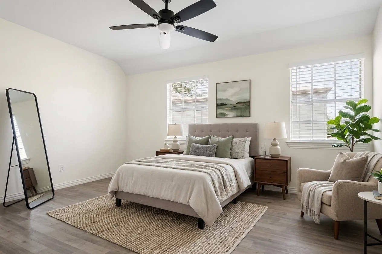 Wood-finish flooring, recessed lighting, and a ceiling fan with integrated light