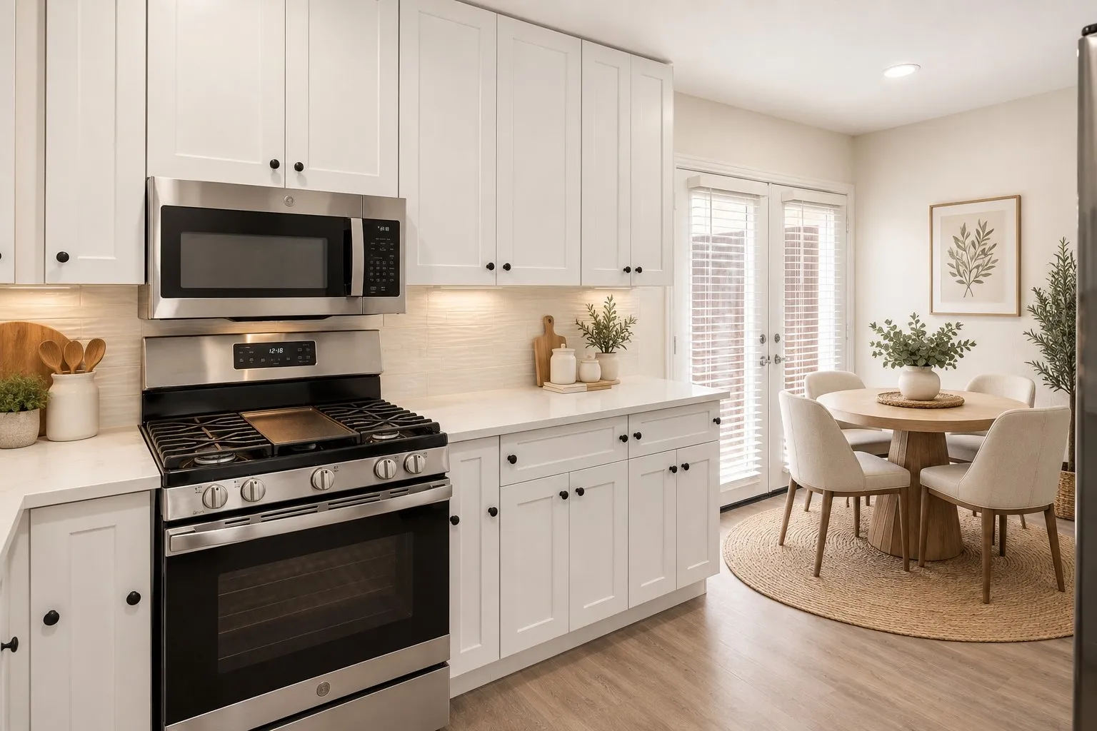 Crisp white cabinetry, stainless steel range and microwave, light-toned countertops, wood-finish flooring, and French doors