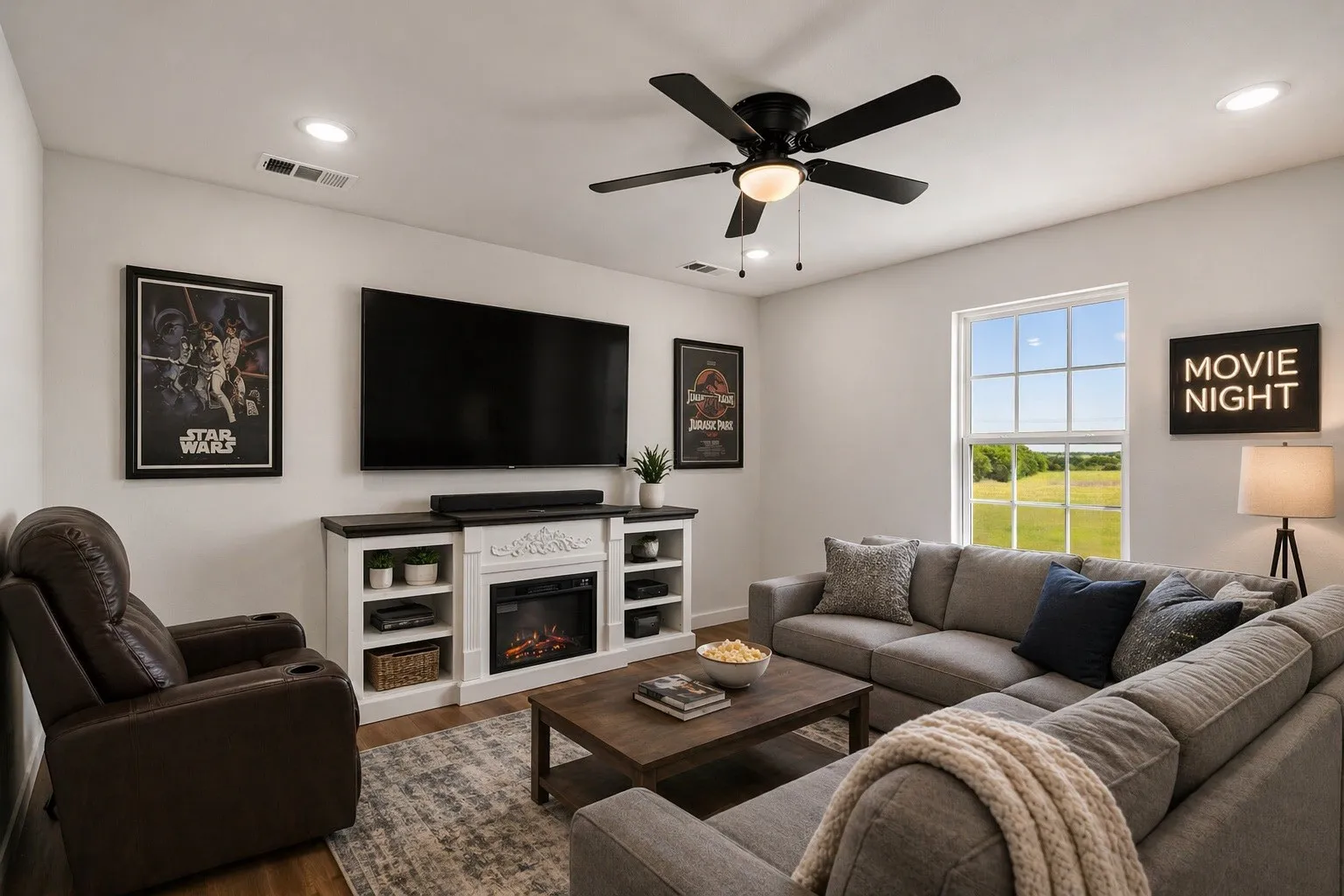 Living area featuring wood-finish flooring, recessed lighting, and a ceiling fan