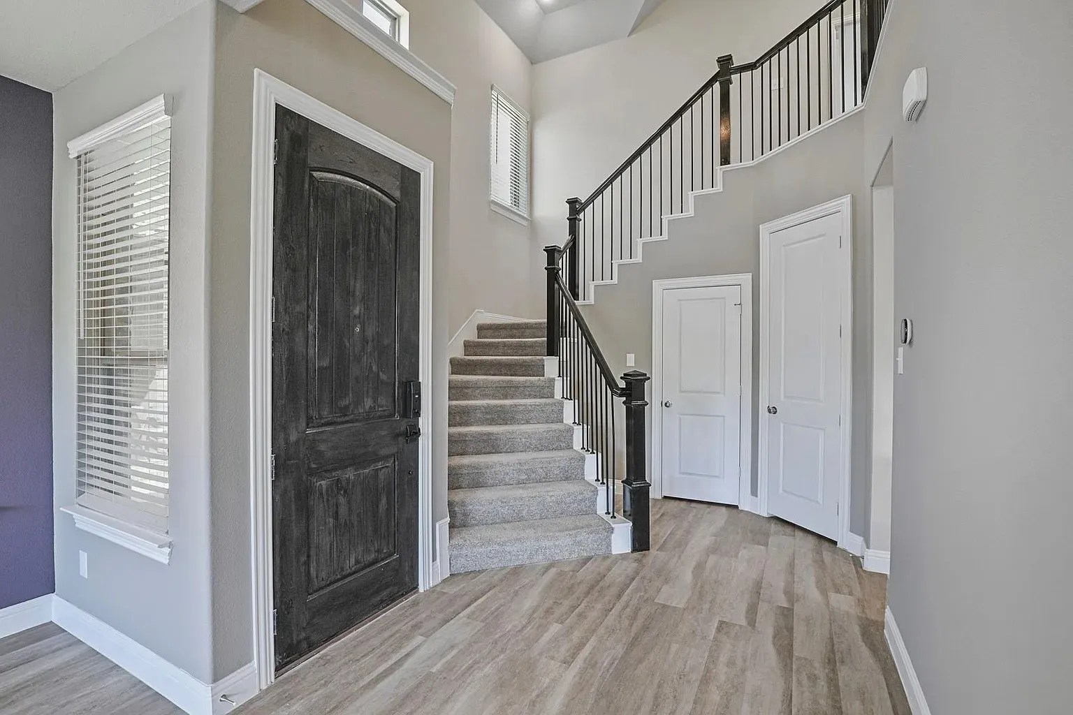 Foyer featuring a grand staircase with wrought iron balusters and wood-finish flooring