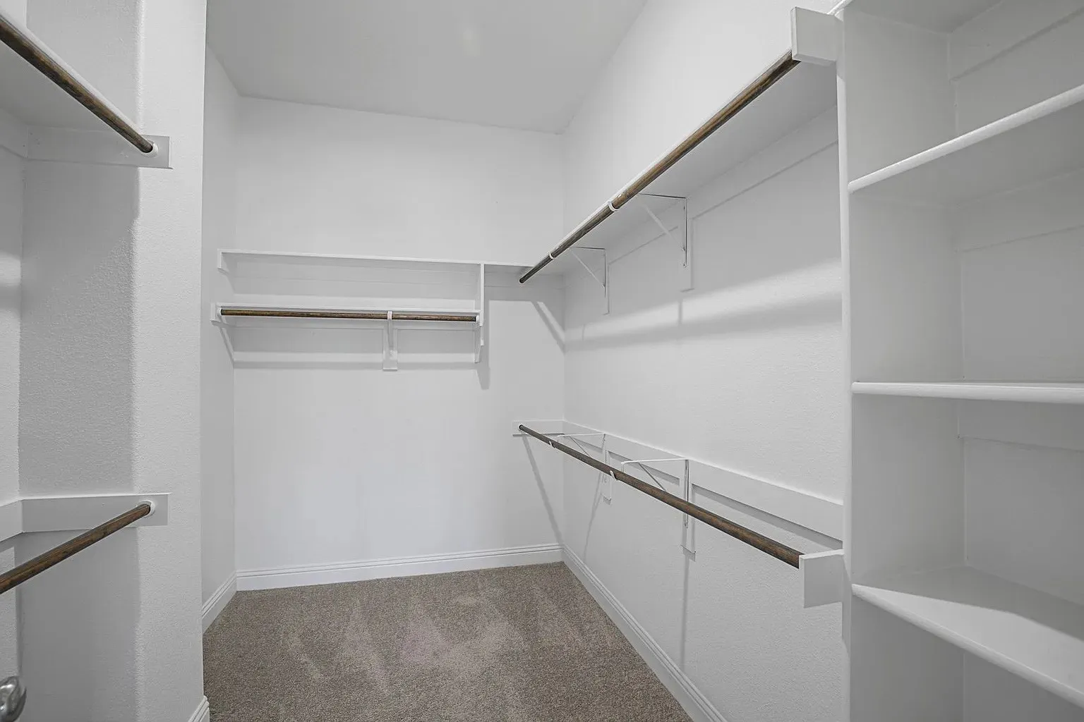 Walk-in closet featuring built-in shelving, multiple hanging rods, white walls, and carpet flooring