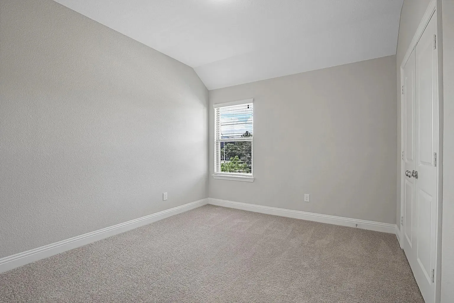 Carpeted room with light grey walls, white trim, and a window featuring blinds