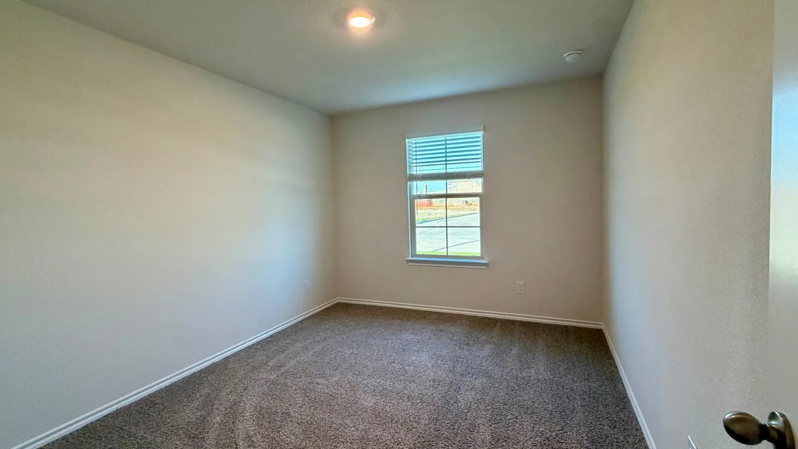 Carpeted room featuring neutral wall paint, a window with horizontal blinds, and a ceiling light fixture