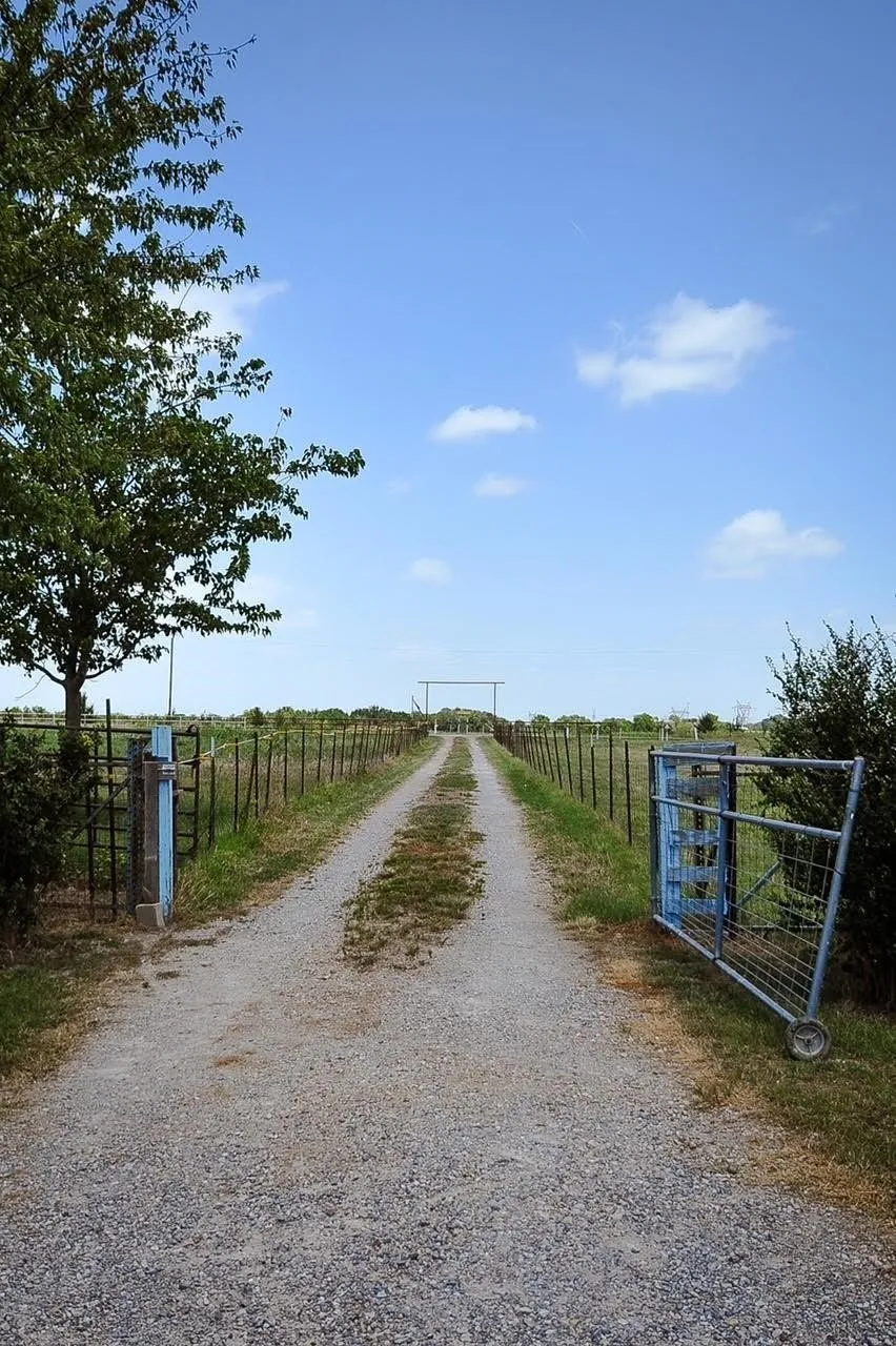 Gravel driveway bordered by fencing and open fields