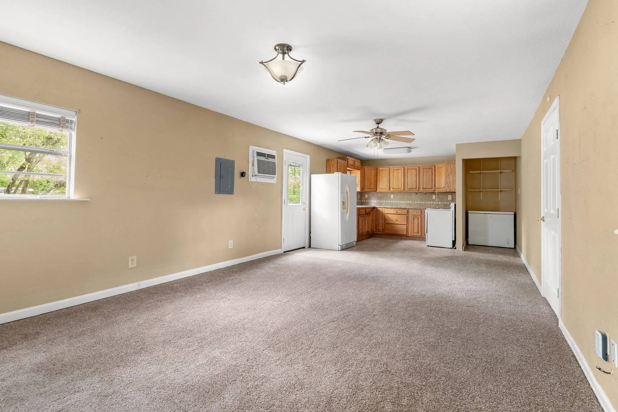 Open-concept living space featuring neutral carpet, warm-toned walls, and a recessed kitchen area with wood cabinetry and built-in shelving