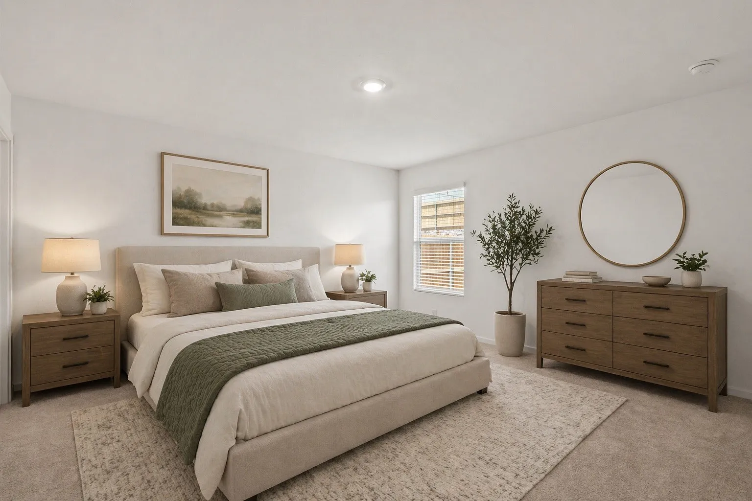 Spacious bedroom featuring light-toned carpeting and neutral wall tones