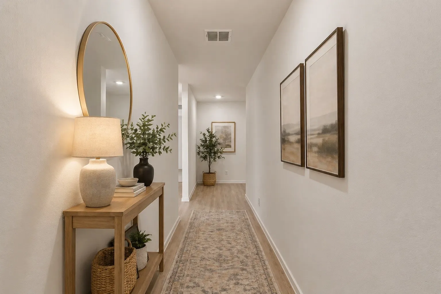 Hallway with wood-finish flooring and light neutral walls