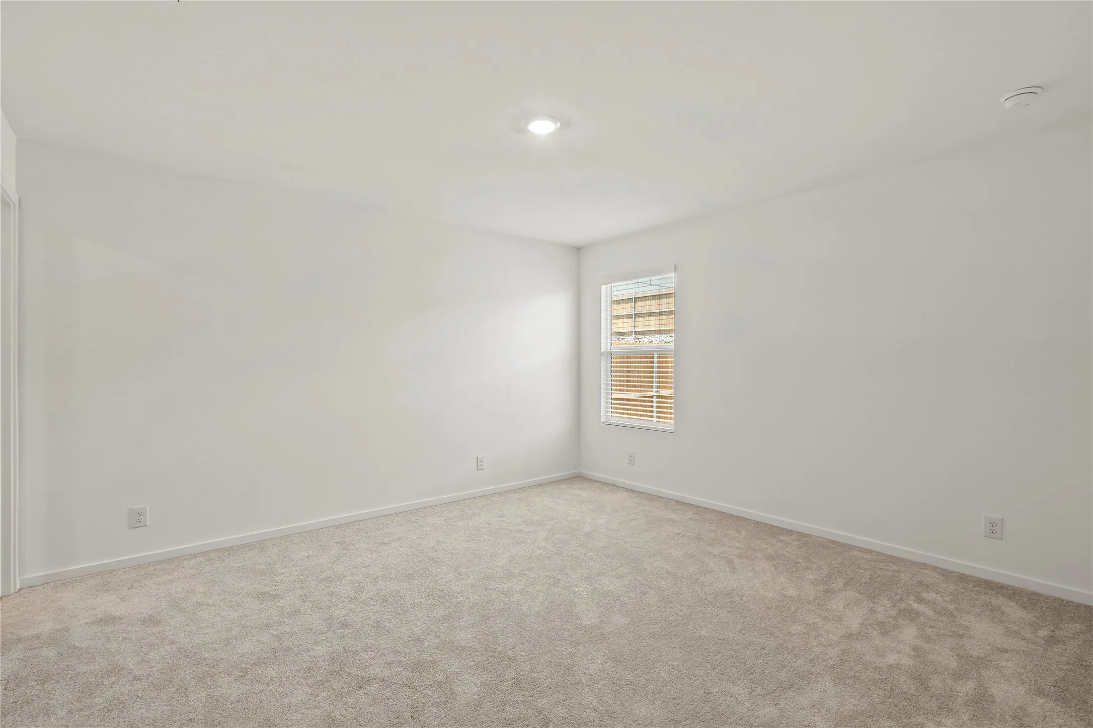 Spacious room featuring light gray carpeting, neutral wall finishes, a single window with horizontal blinds, and a ceiling-mounted light fixture