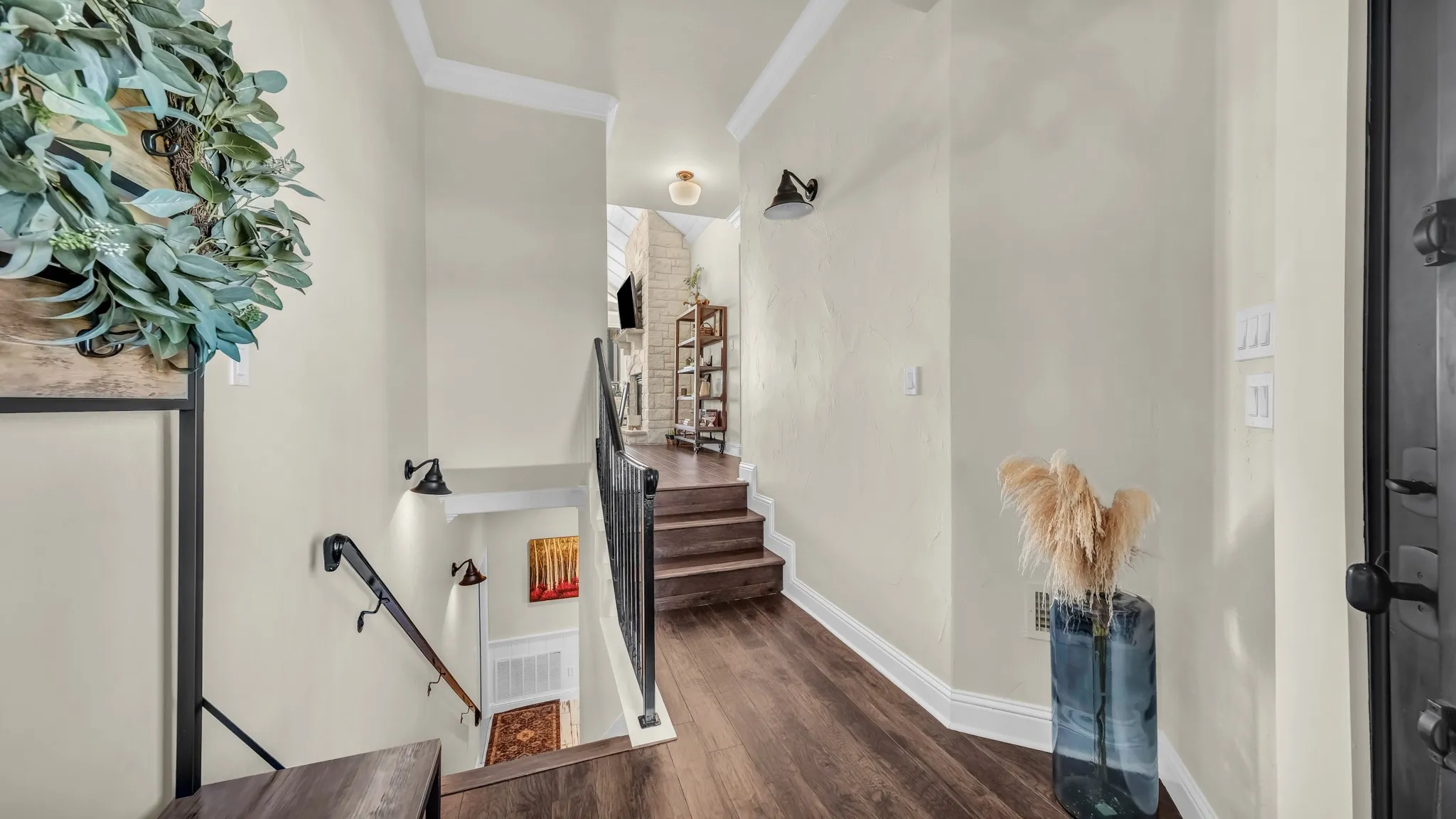 This is what you see as you walk in the front door.  Staircase on left leads down to a huge private  5th bedroom with an ensuite bathroom.