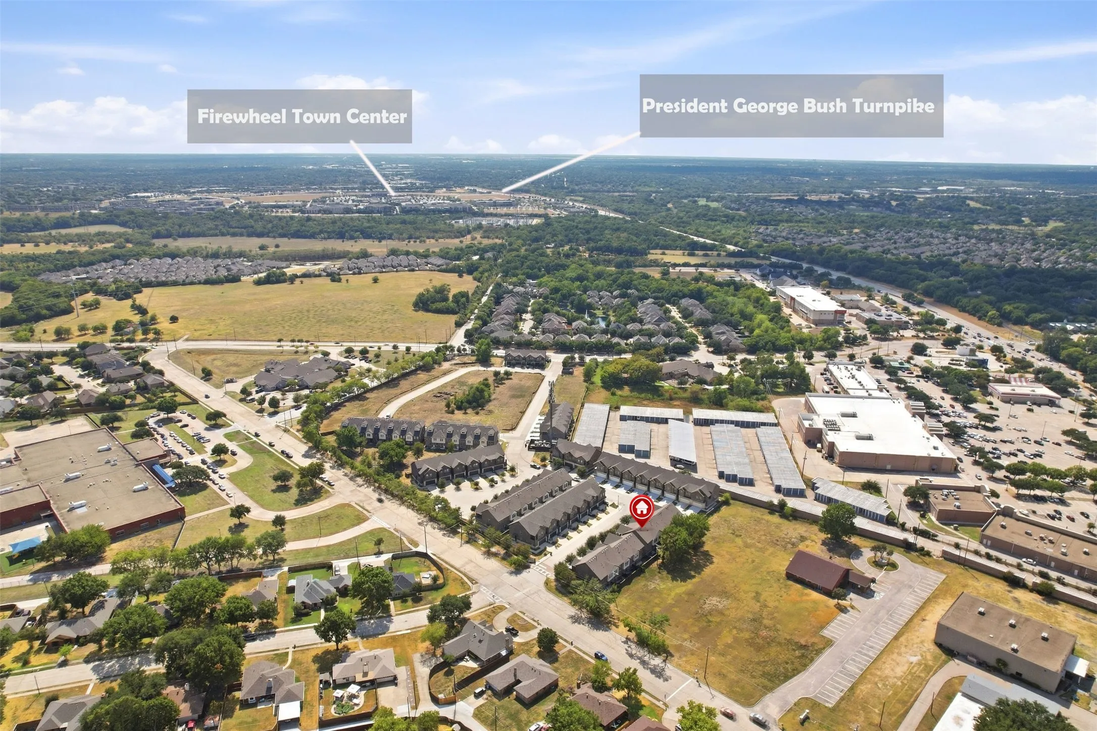 Aerial view showing proximity to Firewheel Town Center and PGBT and shopping