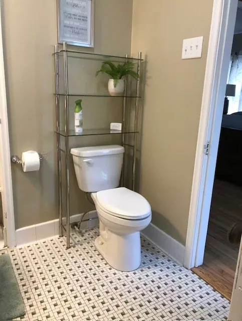 Upstairs bathroom featuring white and green vintage patterned floor tiles, light-toned wall paint, and white baseboards