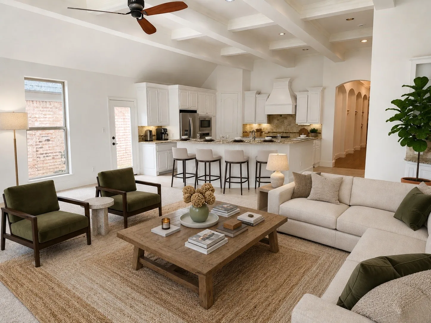Reverse angle of living room shows relationship to kitchen. Open flow. Great for entertaining.