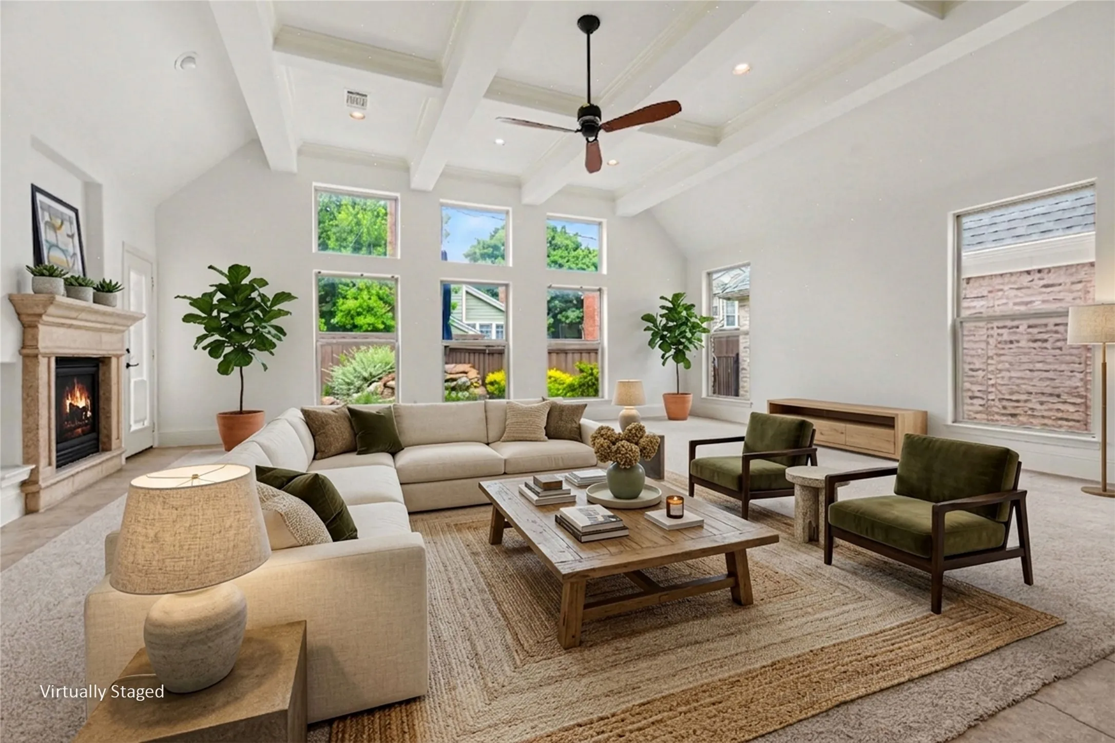 Brilliant and spacious open living room with dramatic views of back yard and pool