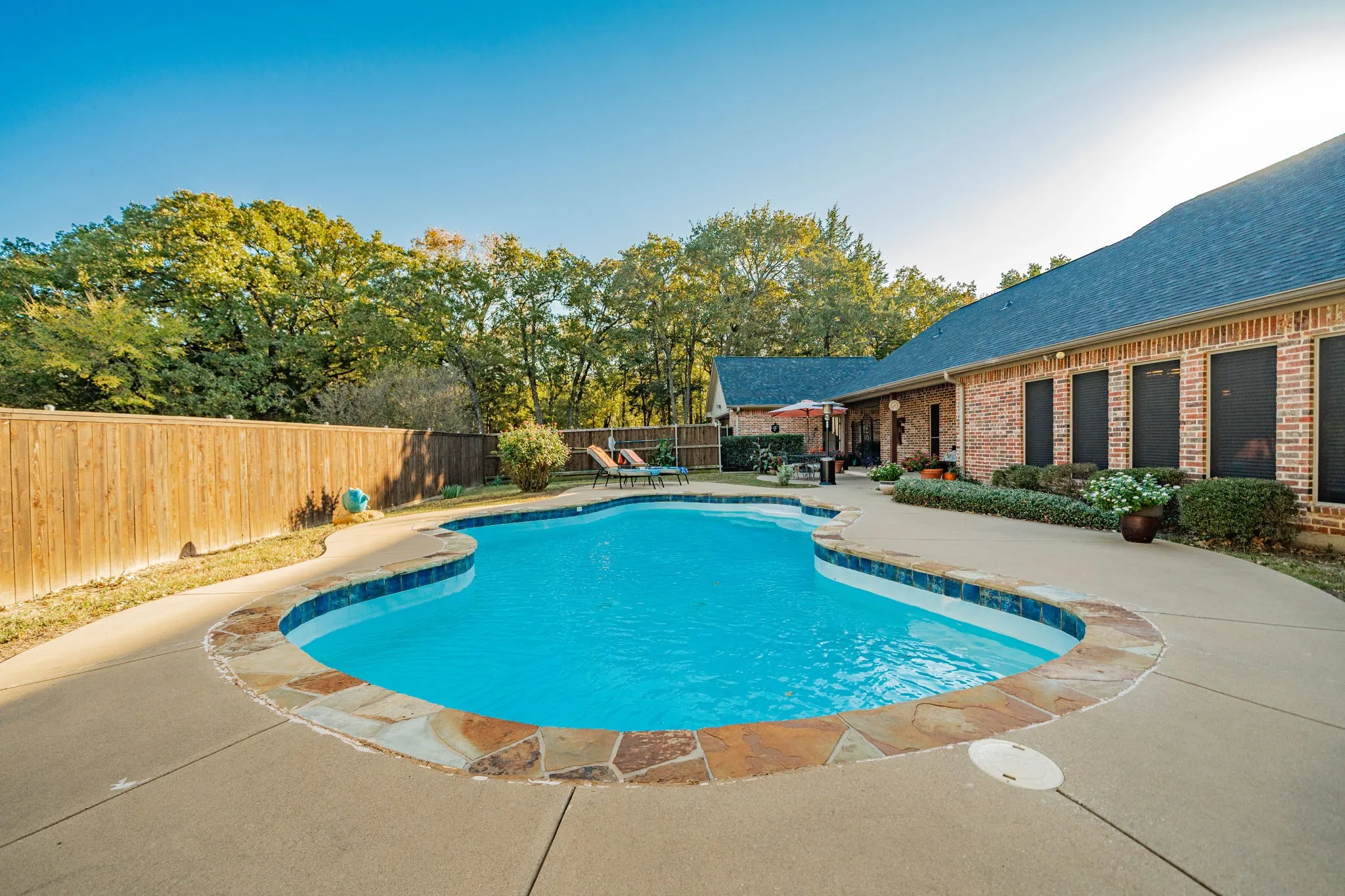 Resort-style backyard featuring a free-form swimming pool with stone coping, expansive concrete decking, and mature perimeter trees providing privacy