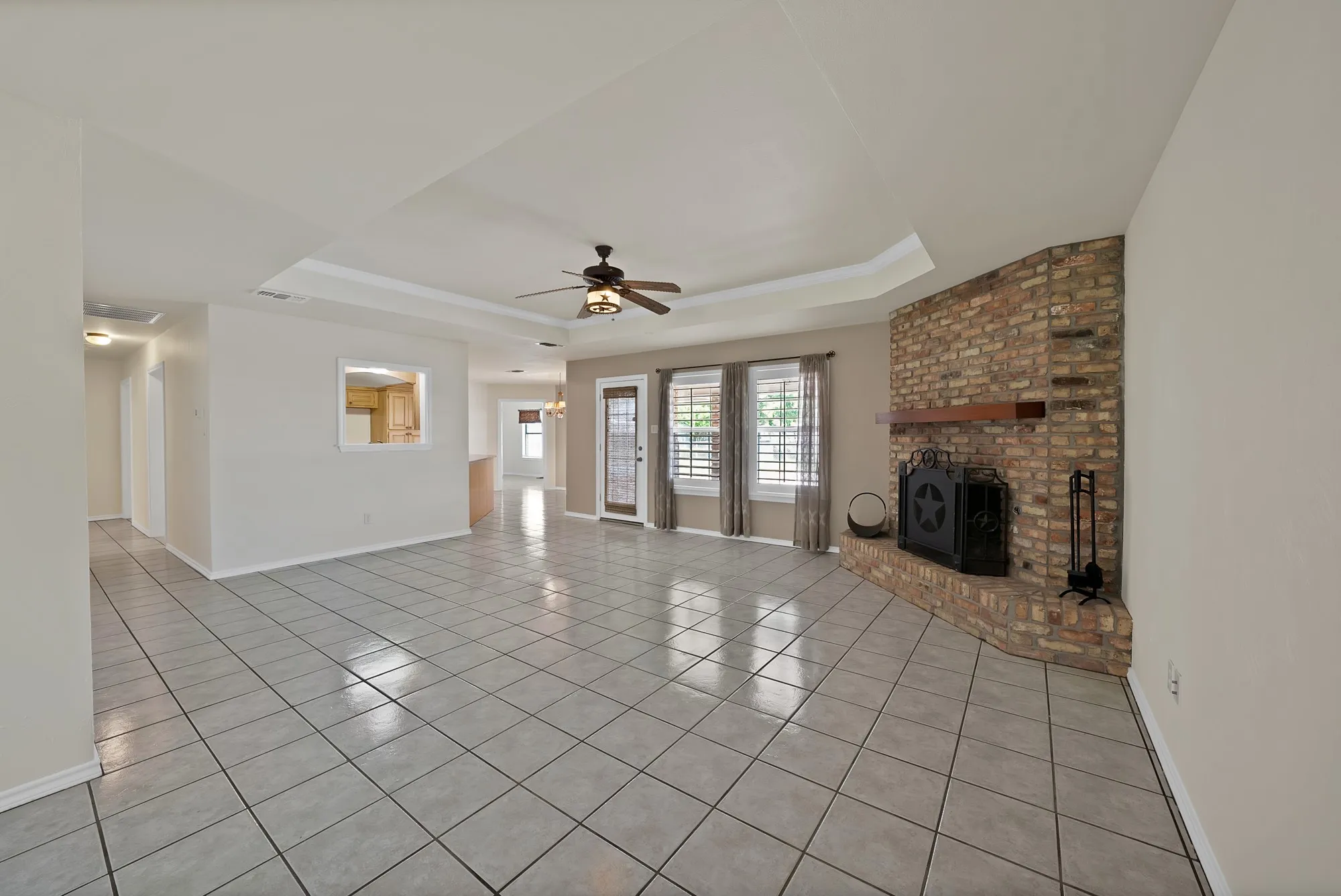 Living room with wood burning fireplace